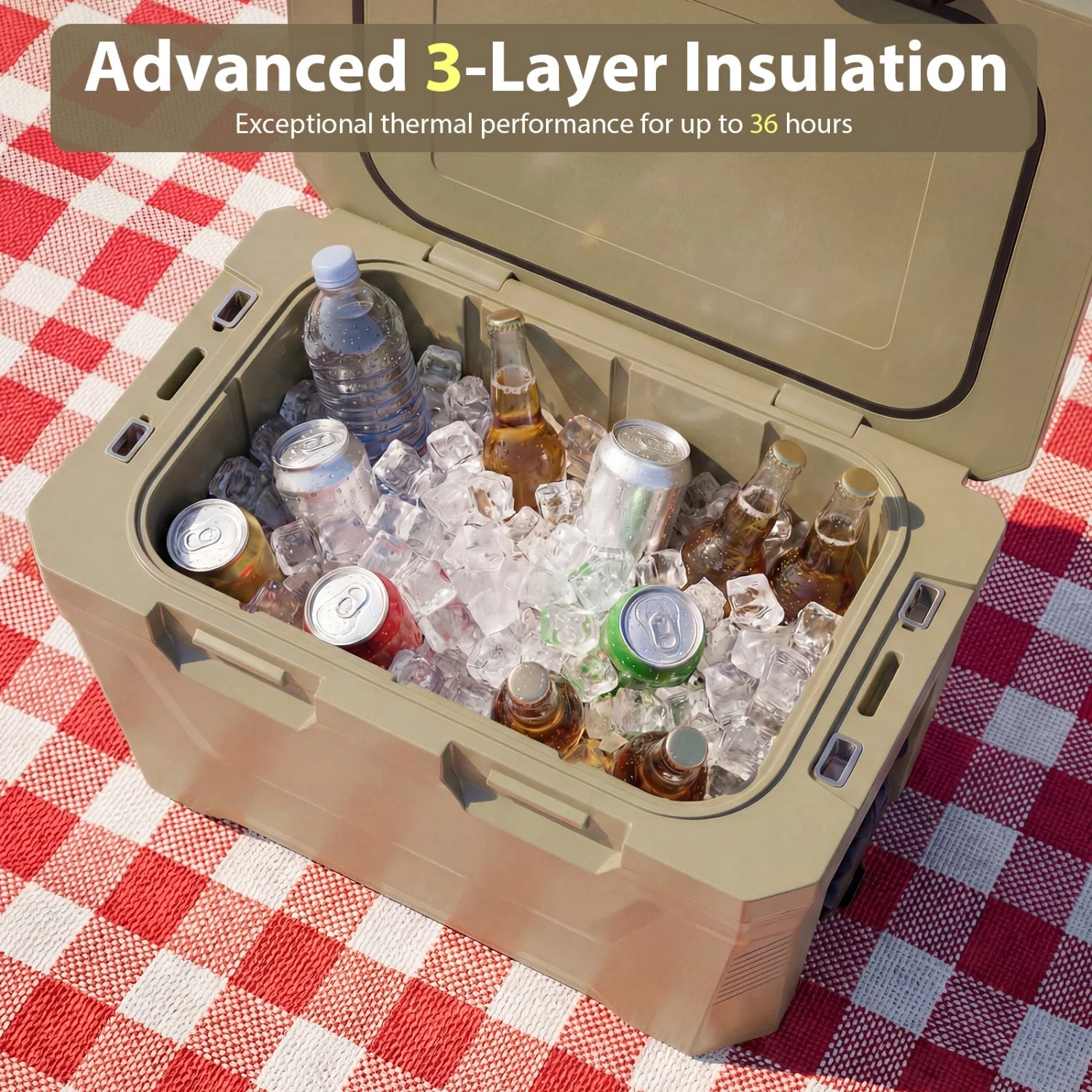 Insulated Portable Cooler Hard Shell Ice Chest with 2 Cup Holders Bottle Opener and Drain Plug - Image 30