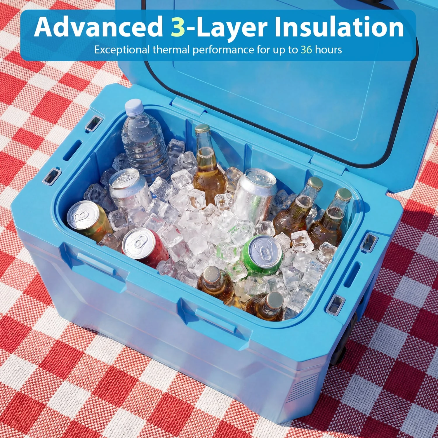 Insulated Portable Cooler Hard Shell Ice Chest with 2 Cup Holders Bottle Opener and Drain Plug - Image 6