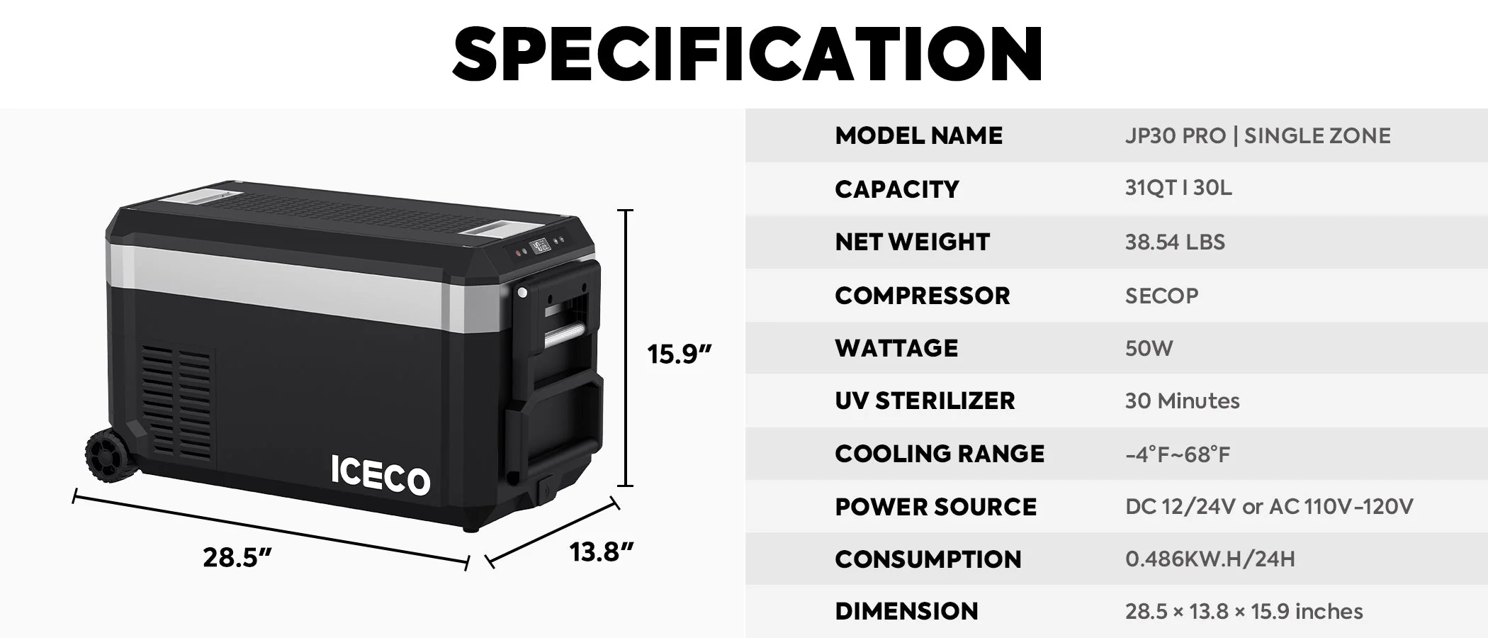 JP30 Pro Single Zone Wheeled Portable Freezer With Cover | ICECO | 30 LT - Image 3