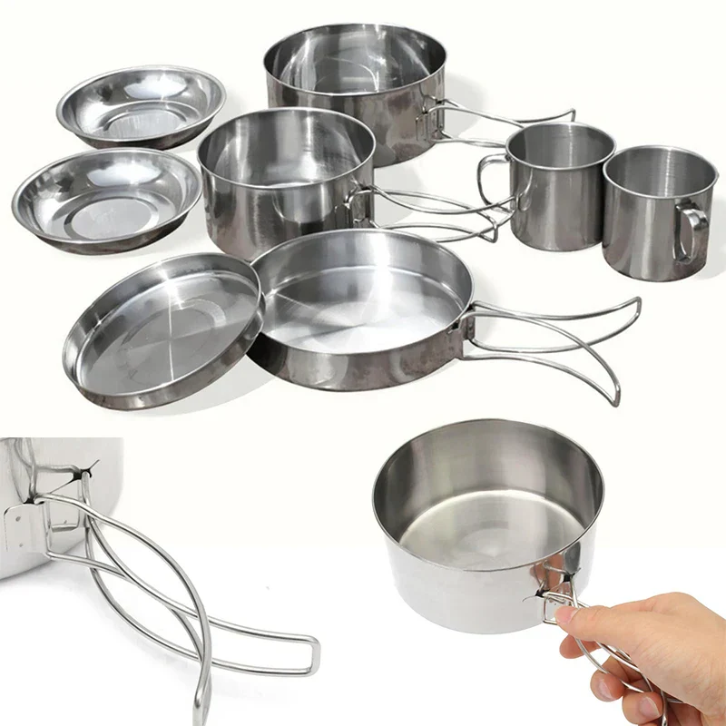 Mayitr 8Pcs Stainless Steel Outdoor Camping Picnic Pot Pan Kit Camping Backpacking Hiking Cookware Set High quality - Image 3