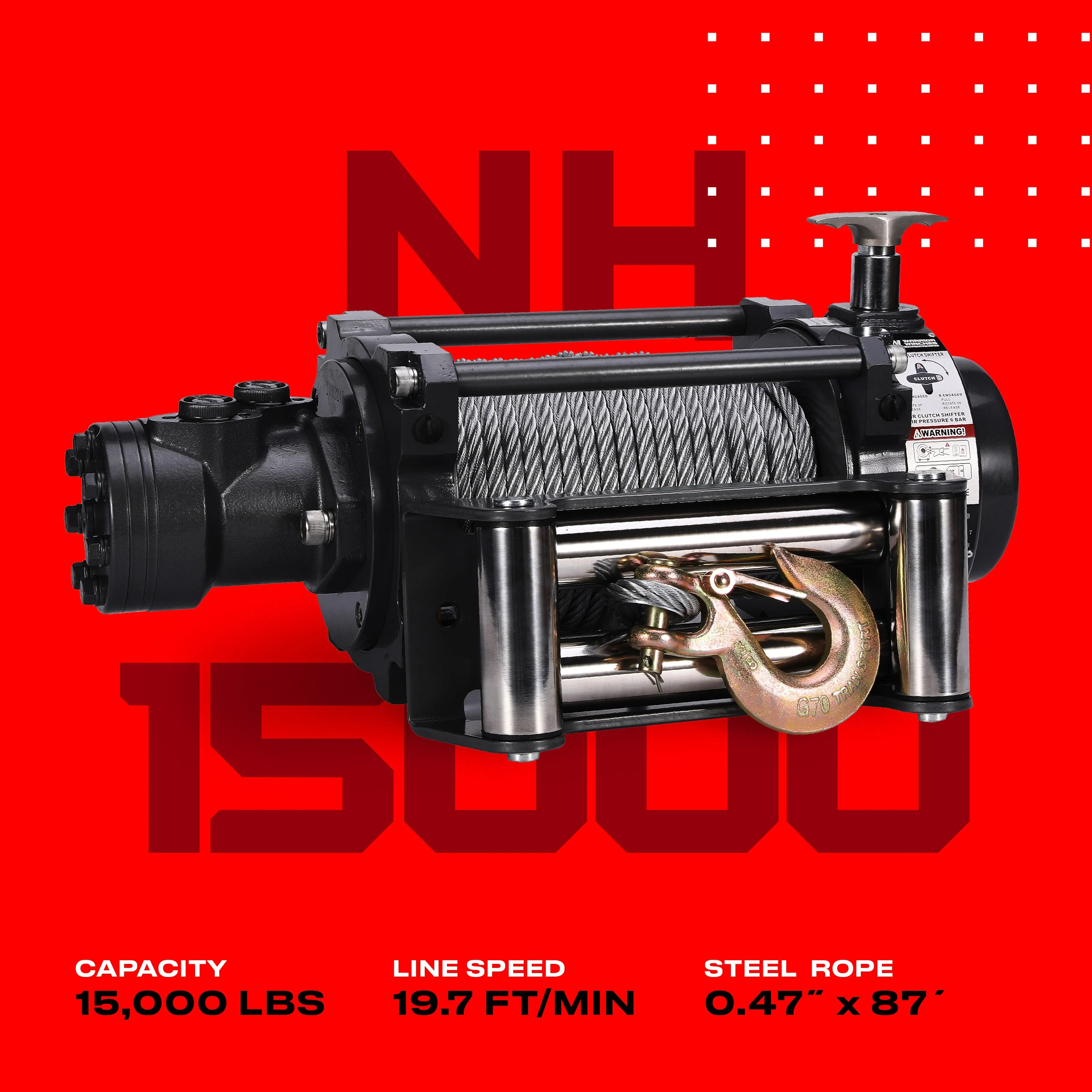 NH 15,000lb Industrial Hydraulic Winch - Steel Rope - Image 4