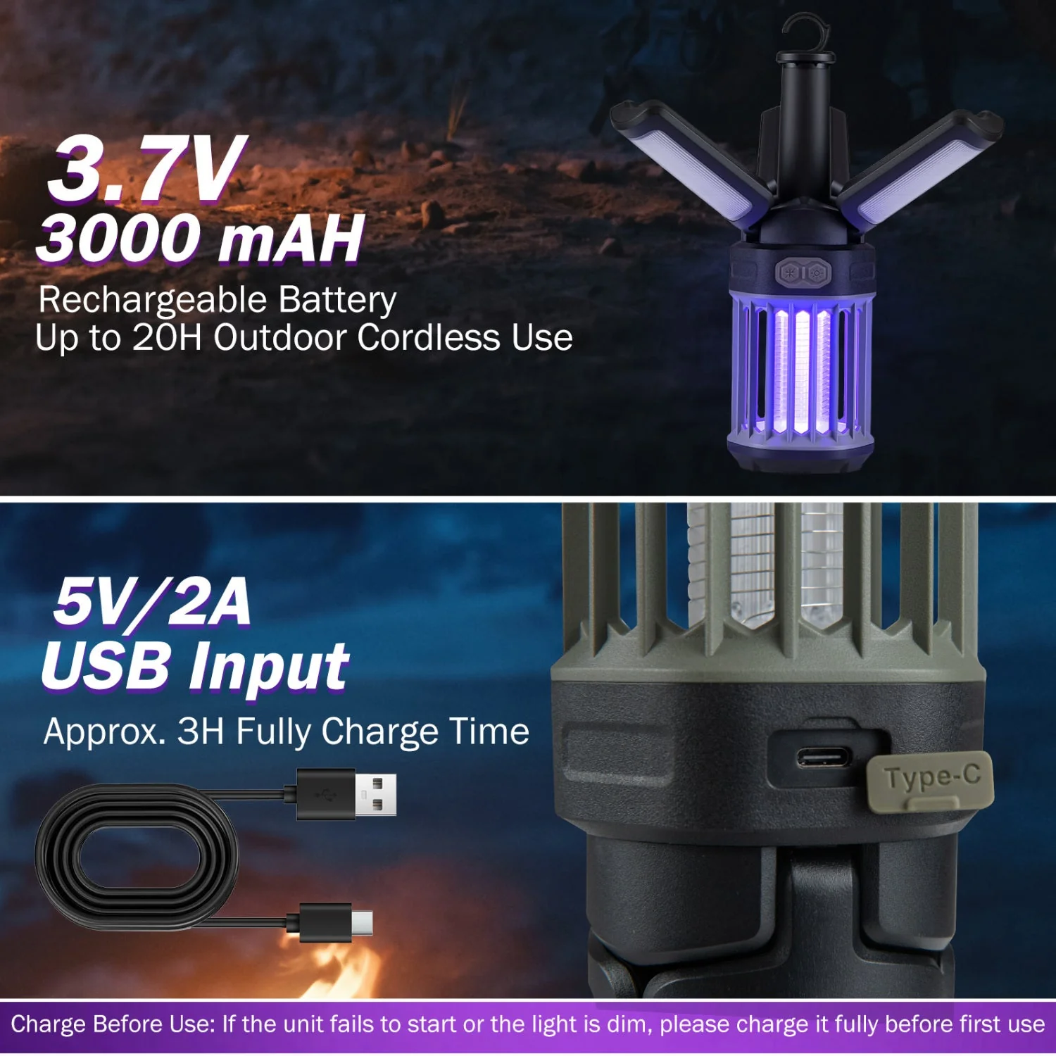 Outdoor Bug Zapper with Foldable Camping Lantern USB-C Rechargeable Electric Mosquito Killer - Image 8
