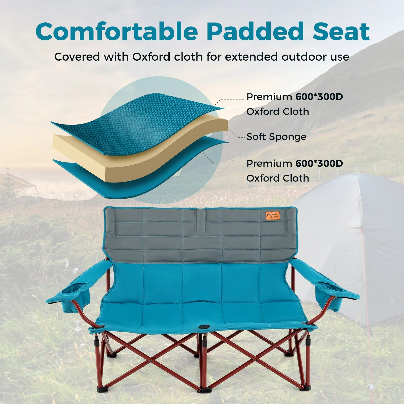 Oversized Camping Chair Folding Loveseat Camping Couch with Cup Holders & Thick Padding - Image 16