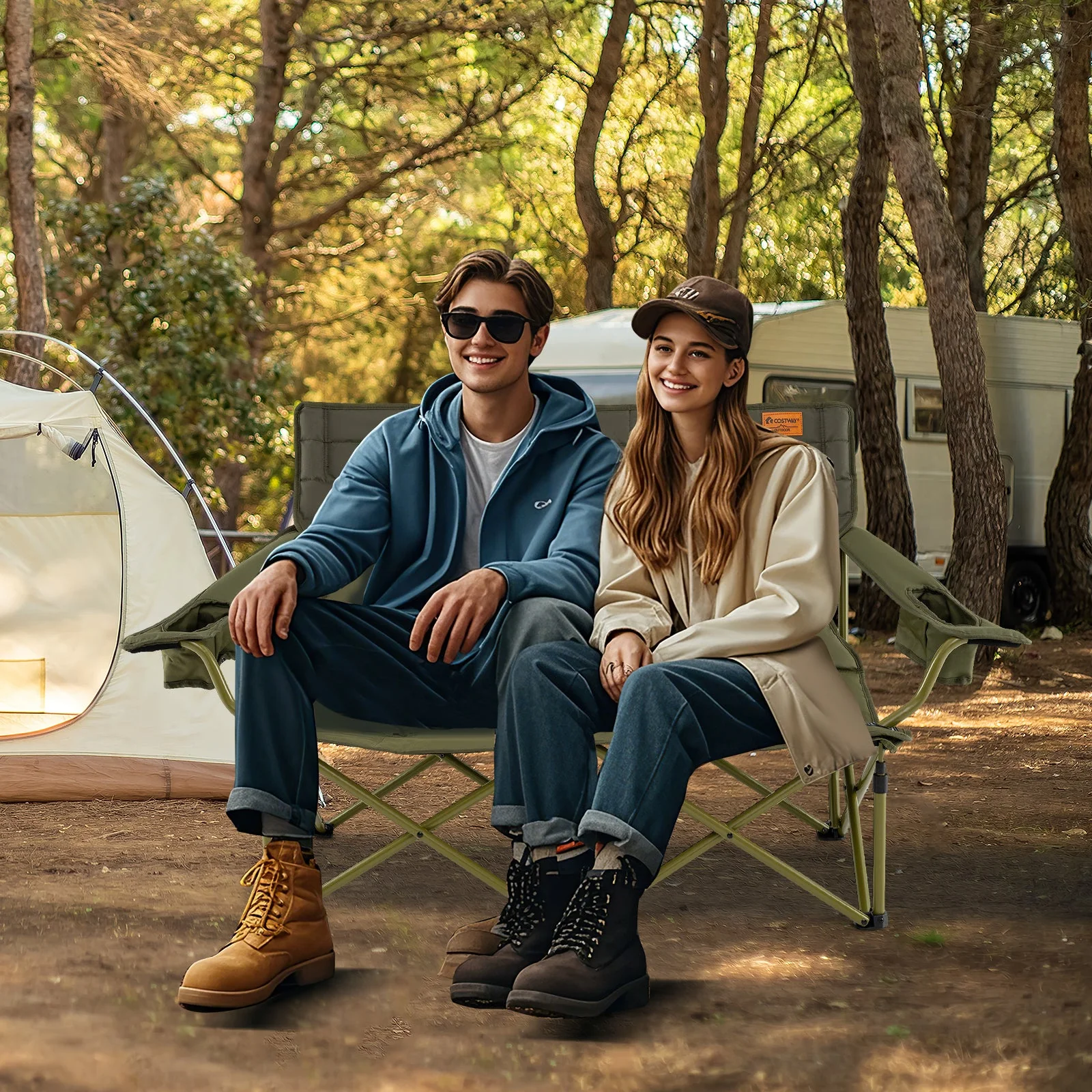 Oversized Camping Chair Folding Loveseat Camping Couch with Cup Holders & Thick Padding - Image 2