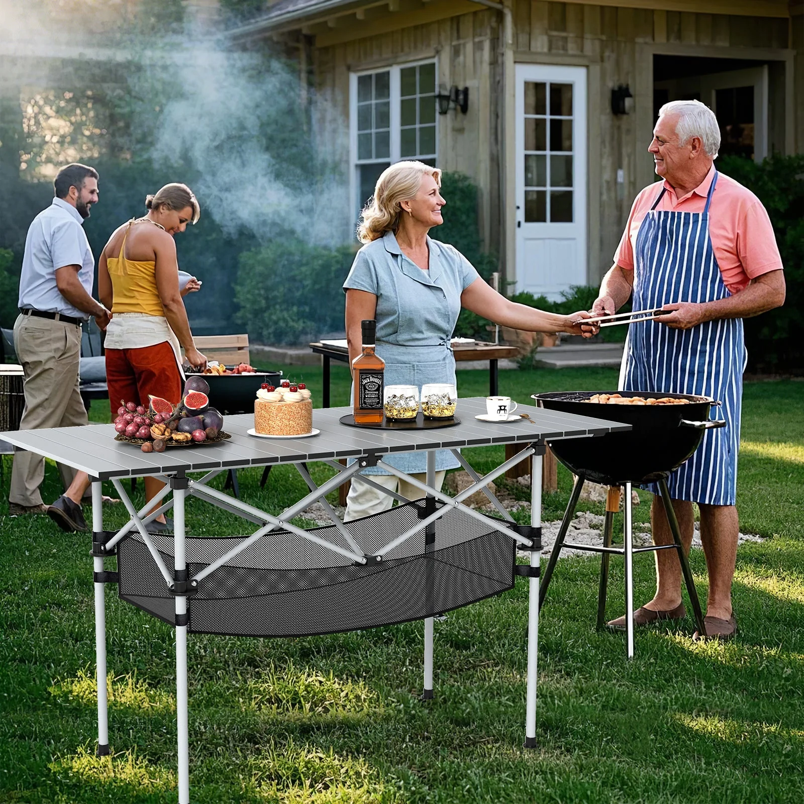 Patio Folding Camping Table with Roll-up Tabletop and Mesh Basket - Image 10