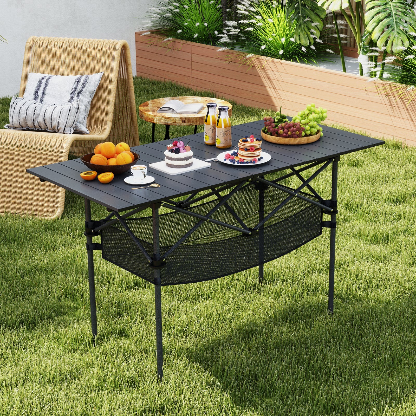 Patio Folding Camping Table with Roll-up Tabletop and Mesh Basket - Image 2