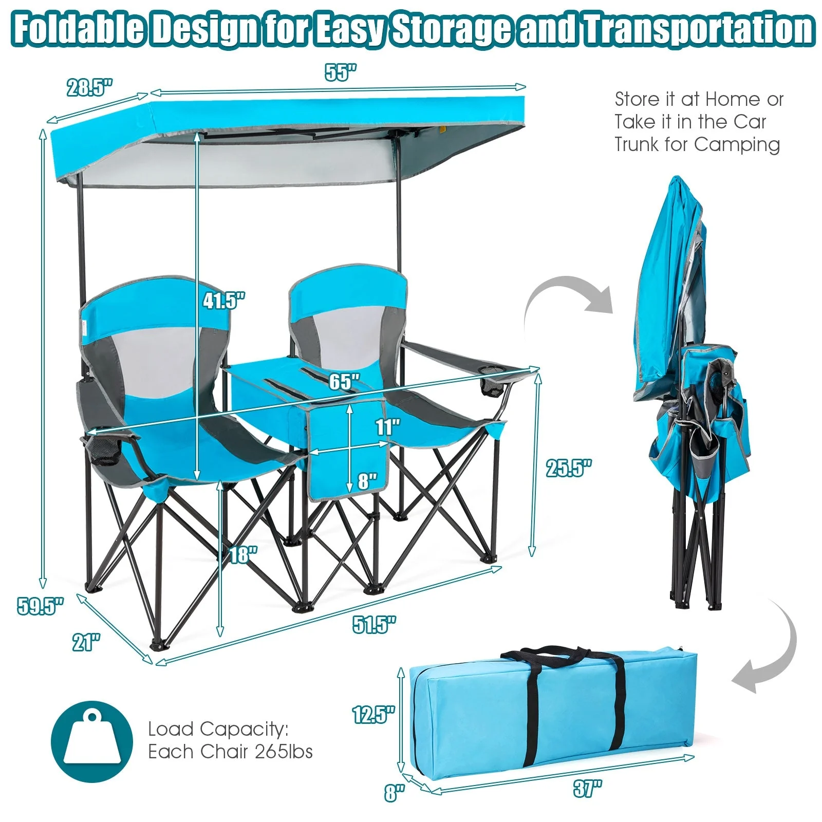 Portable Folding Camping Canopy Chairs with Cup Holder - Image 3