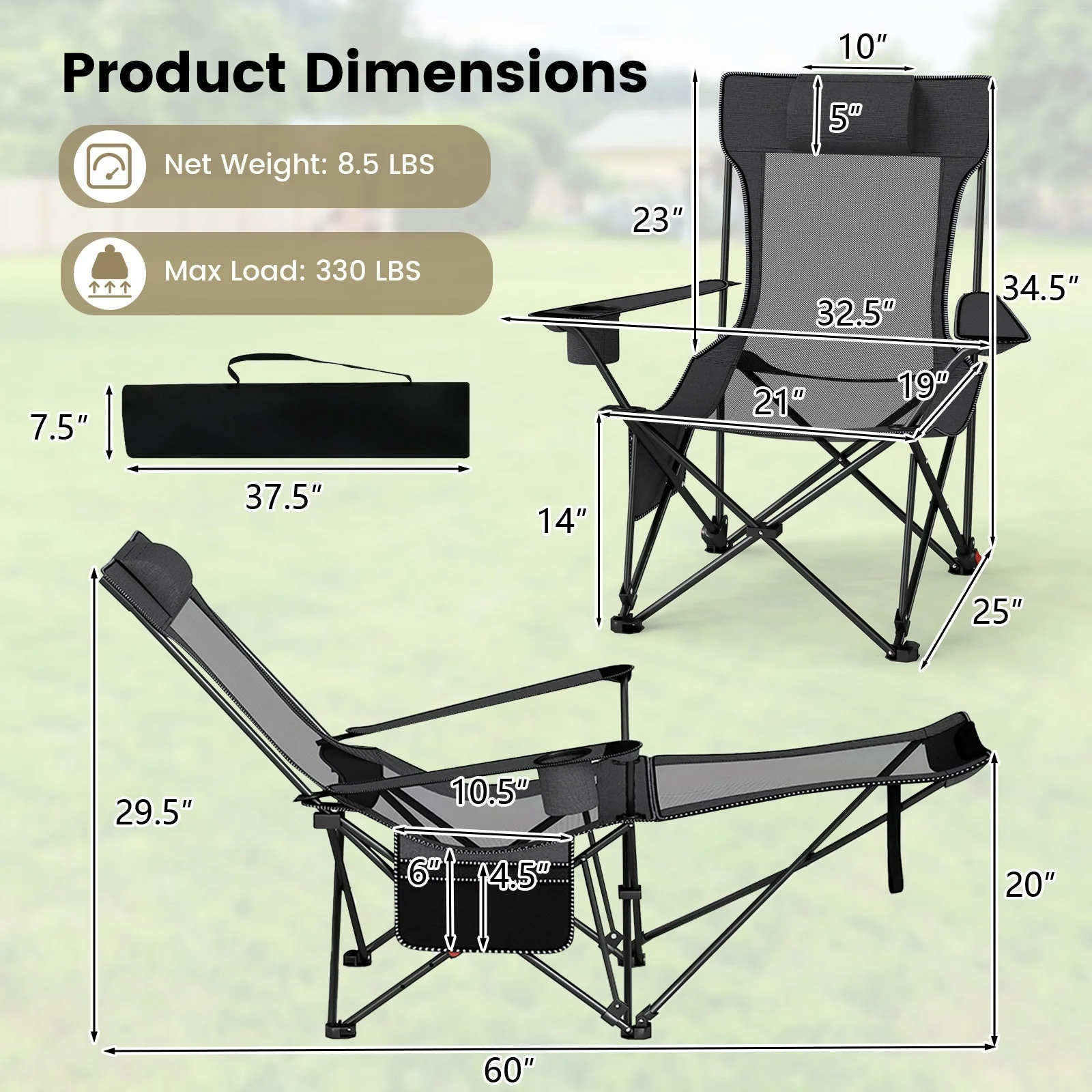 Reclining Camping Chair with Removable Footrest and Adjustable Backrest - Image 13