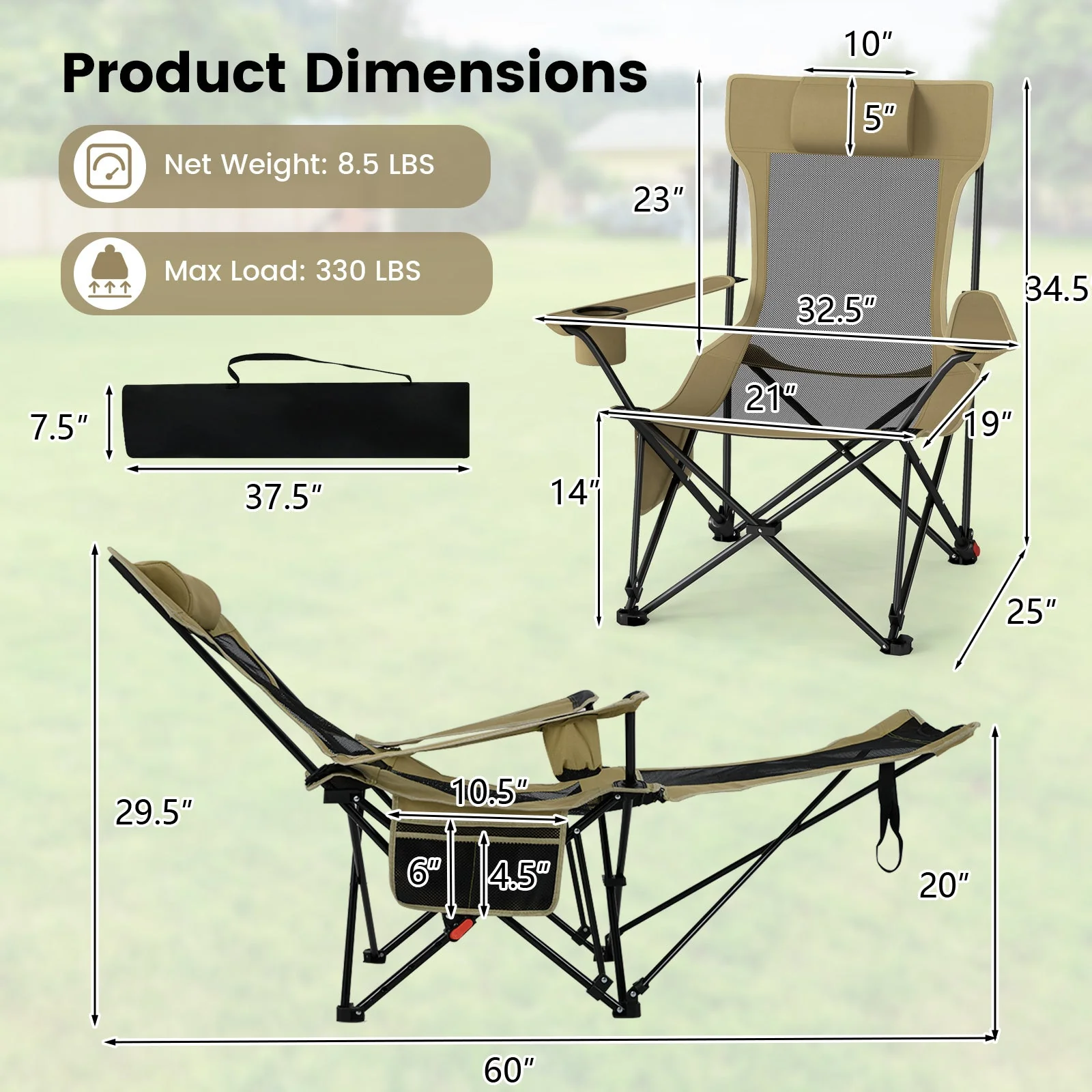 Reclining Camping Chair with Removable Footrest and Adjustable Backrest - Image 5