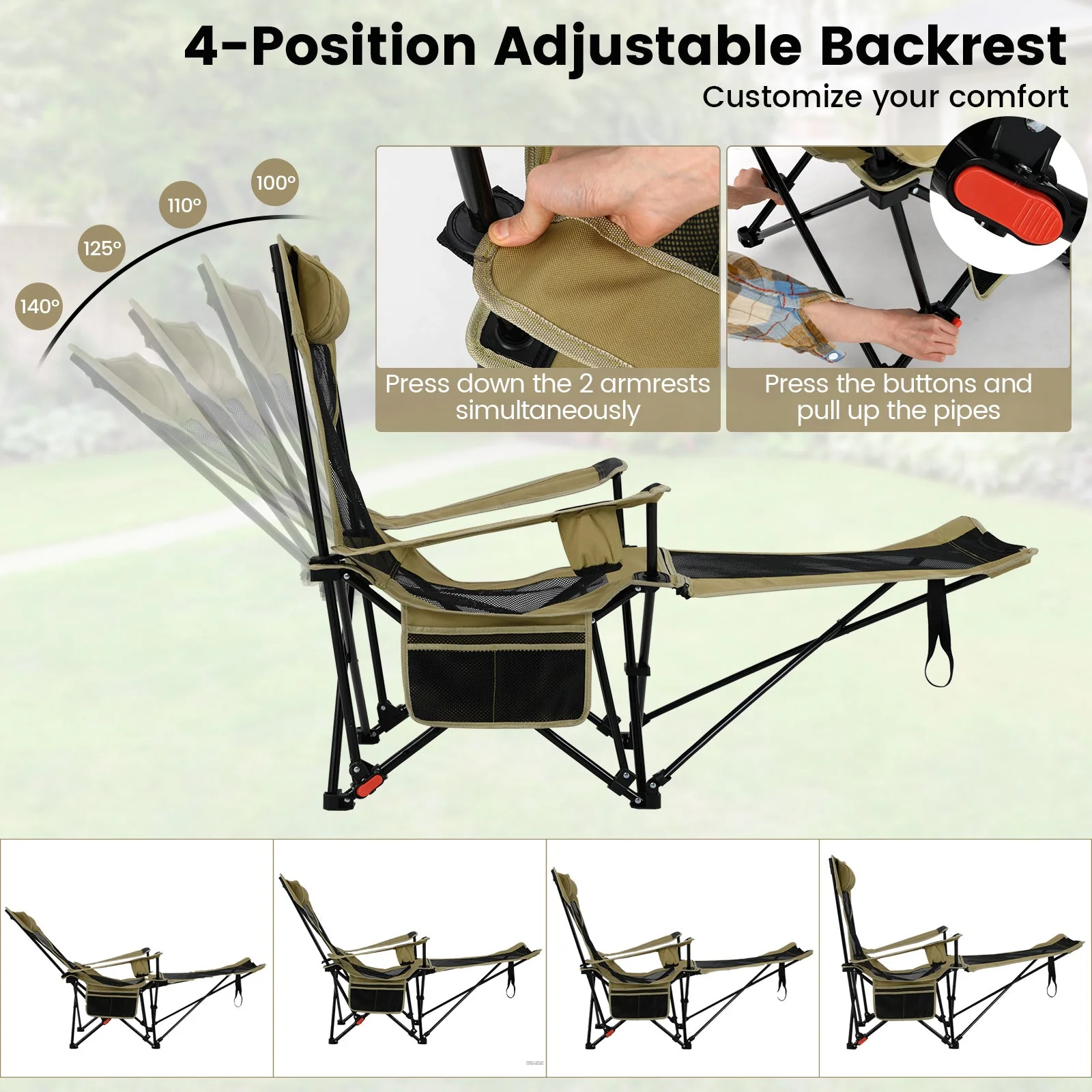 Reclining Camping Chair with Removable Footrest and Adjustable Backrest - Image 8