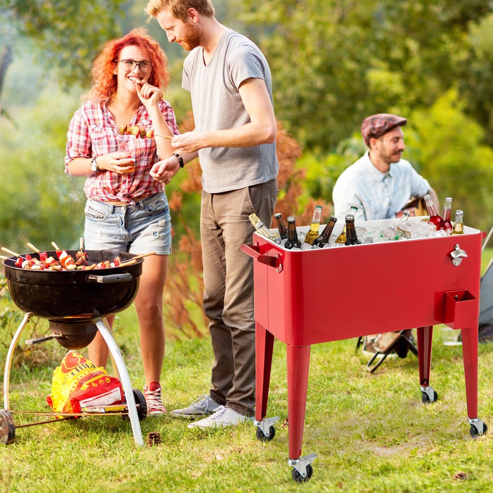 Red Portable Outdoor Patio Cooler Cart - Image 2