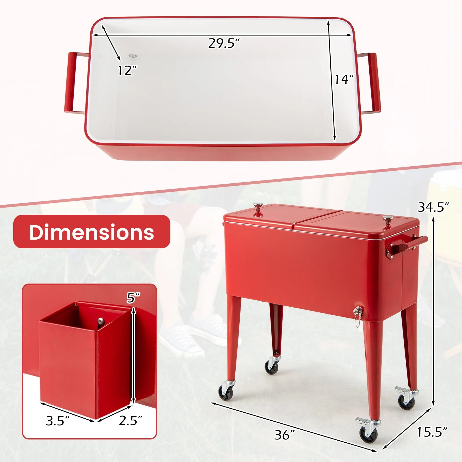 Red Portable Outdoor Patio Cooler Cart - Image 5