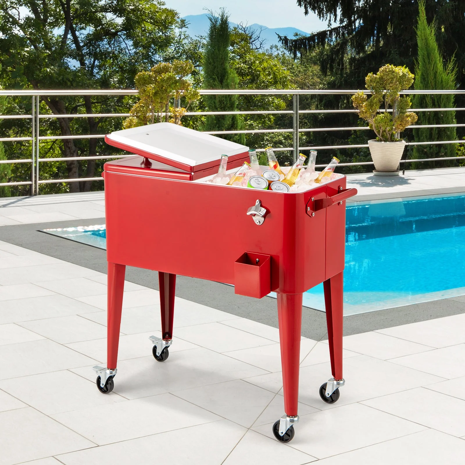 Red Portable Outdoor Patio Cooler Cart - Image 6