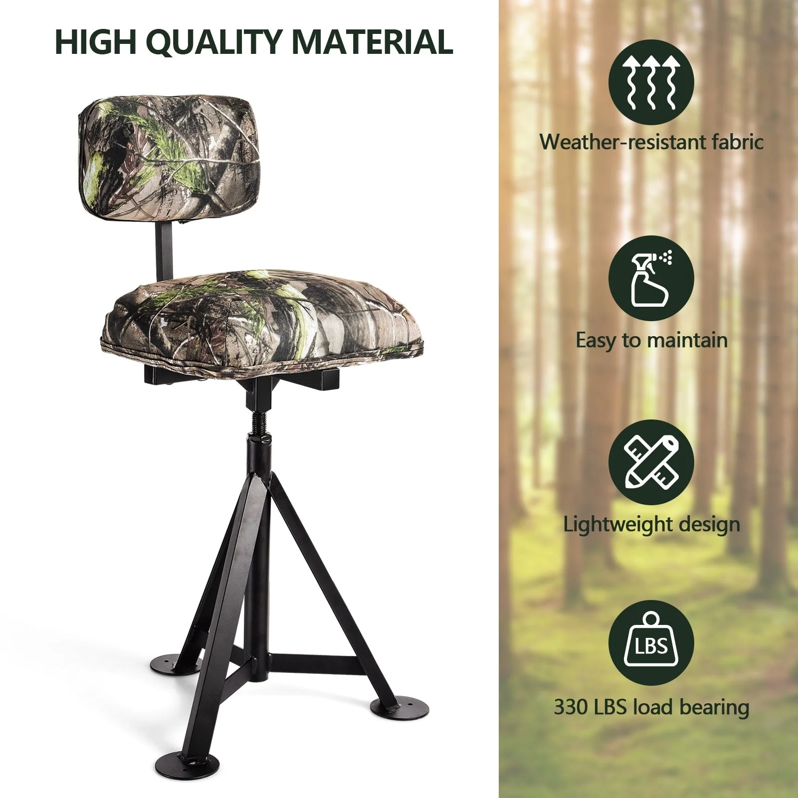 Swivel Hunting Chair Tripod Blind Stool with Detachable Backrest - Image 2